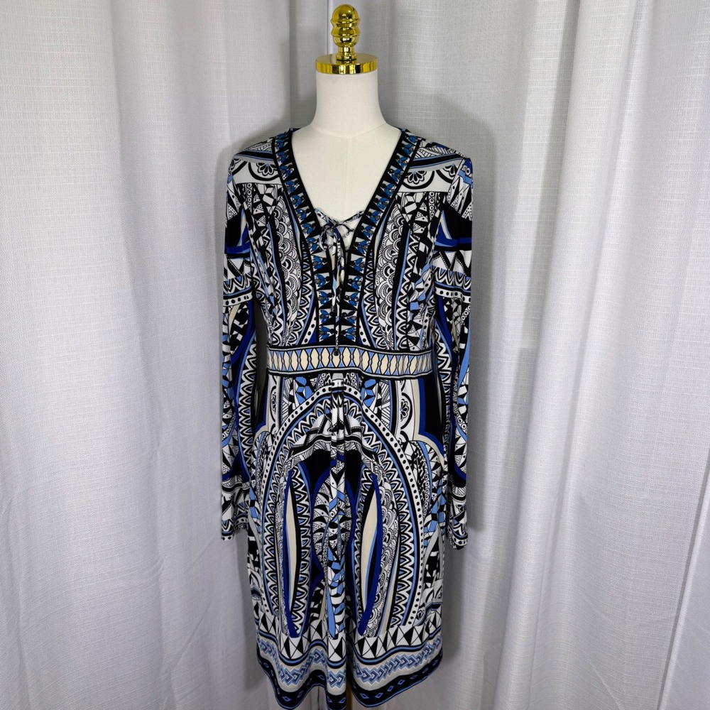 Hale Bob Geometric Tribal Lace Up Jersey Dress Womens Large Embellished